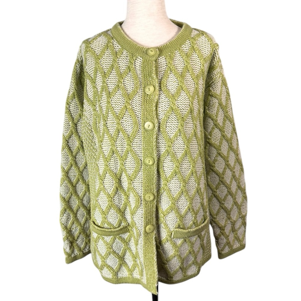 Aran Crafts Size M “ Green Diamond” Irish Merino Wool Full Button Front Cardigan